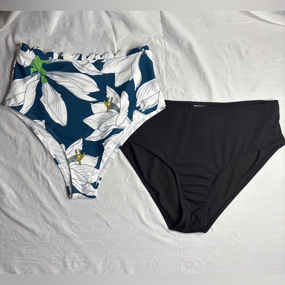 2 Piece Bundle New Swimsuit Bottoms L Navy Floral Black Ribbed